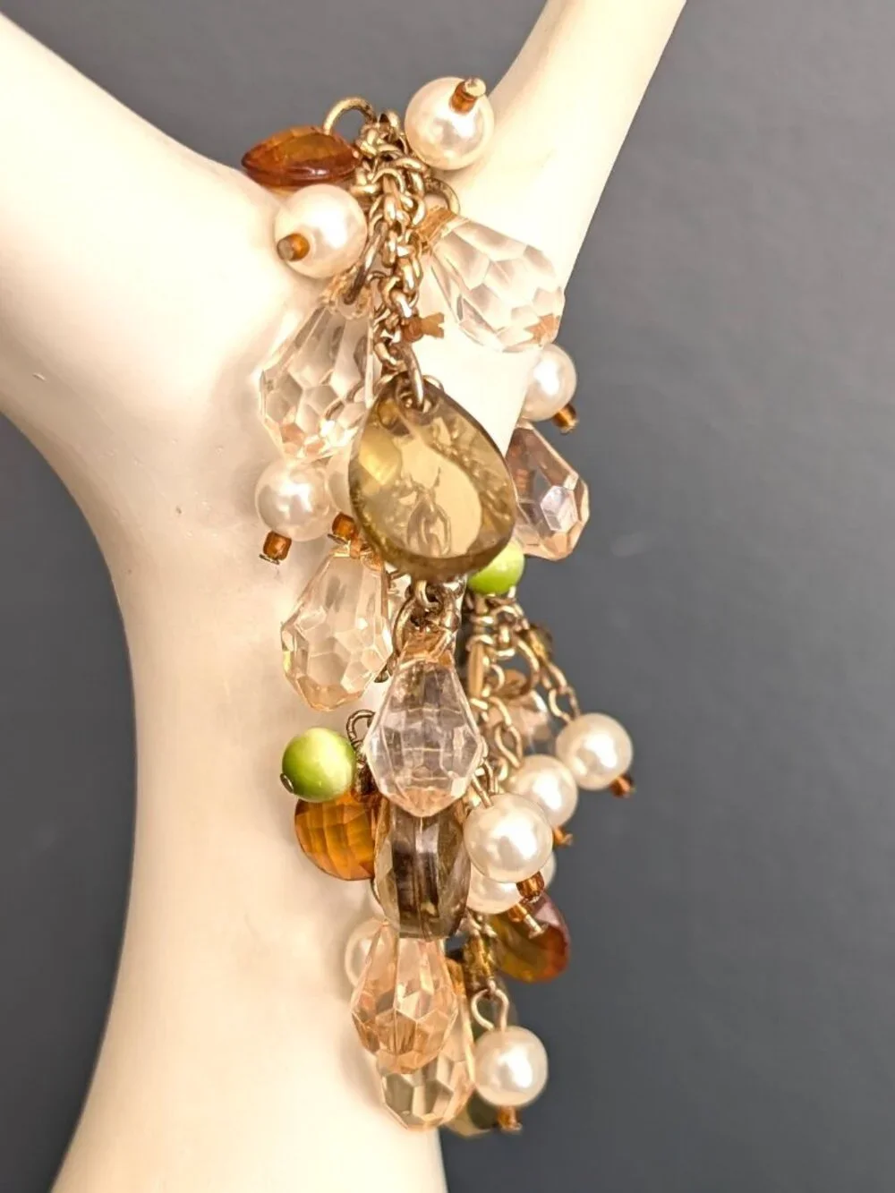 Pale green, orange, faux pearl stretch bracelet